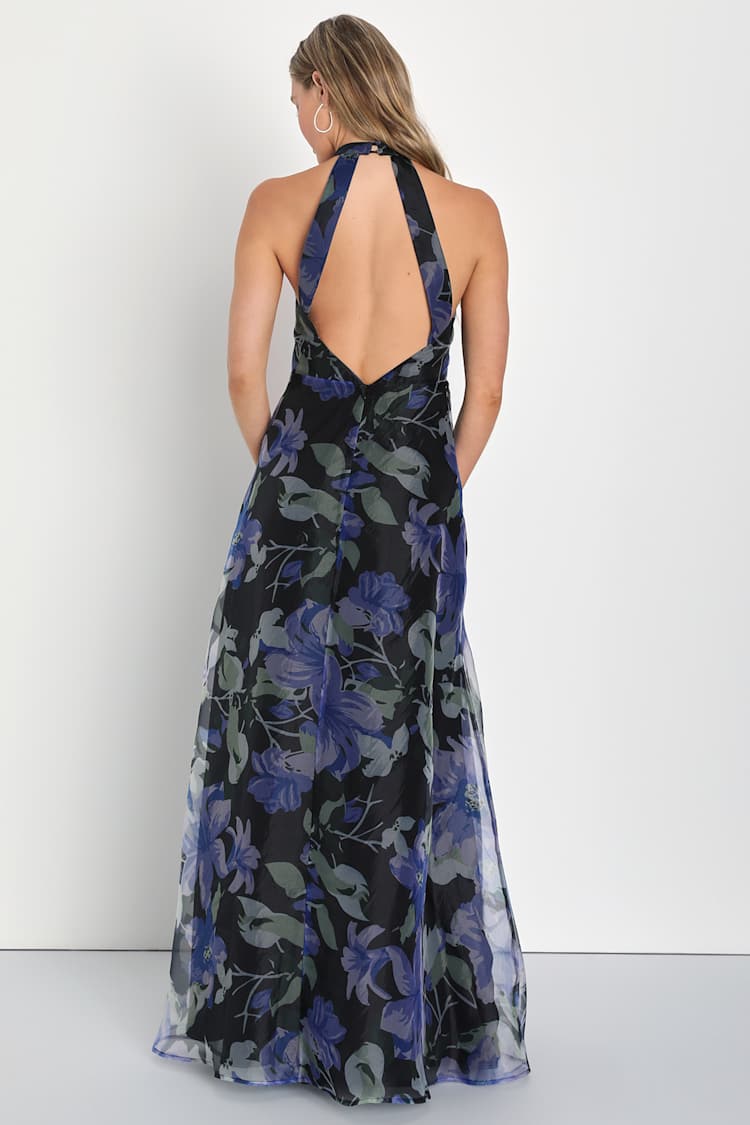 Effortless Drama Black Floral Organza Halter Cutout Maxi Dress