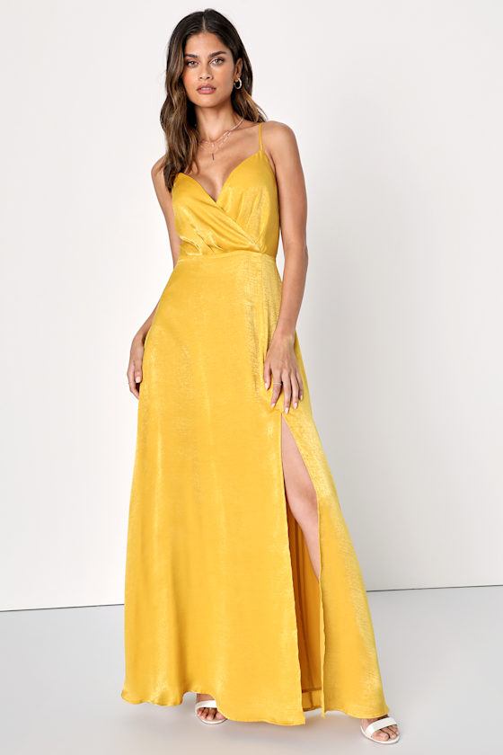 Sexy Yellow Maxi Dress - Satin Maxi Dress - Surplice Dress - Lulus
