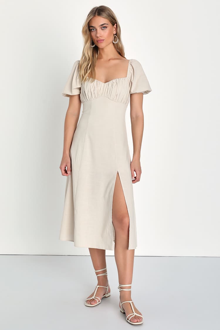 Endearing Darling Beige Linen Puff Sleeve Midi Dress