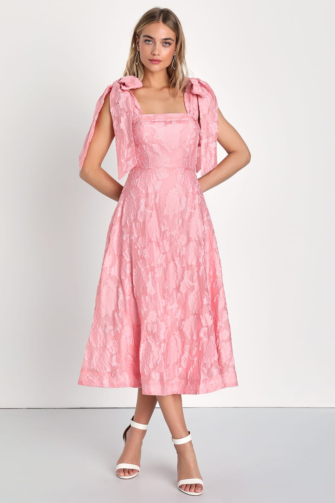 Adorably Admired Light Pink Floral Jacquard Tie-Strap Midi Dress