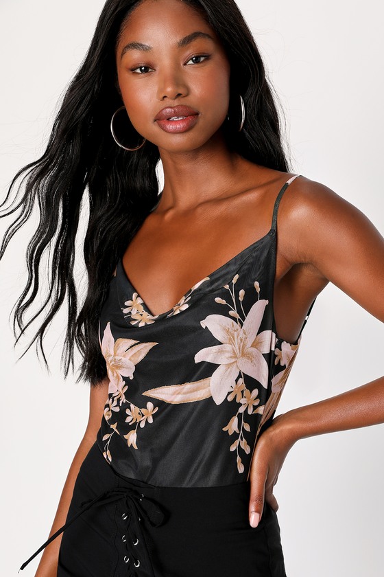 One-Of-a-Kind Stunner Black Floral Print Mesh Cowl Neck Bodysuit