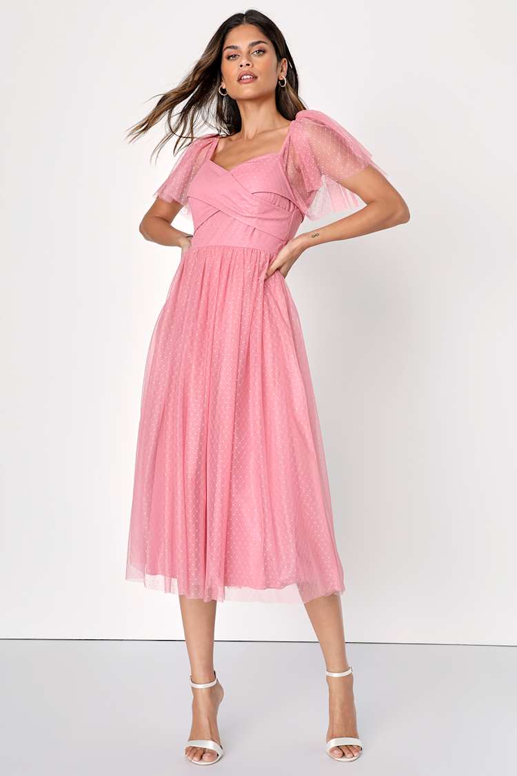 Pink Mesh Dress - Swiss Dot Midi Dress - Flutter Sleeve Dress - Lulus