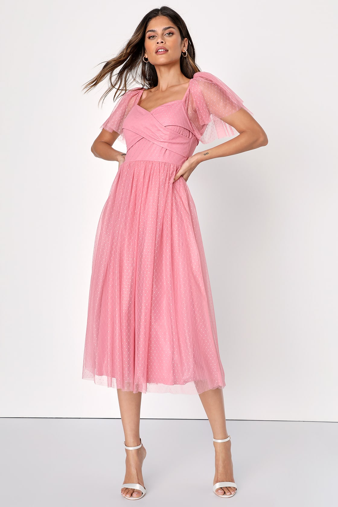 Adorable Confidence Rose Pink Mesh Swiss Dot Midi Dress