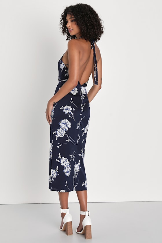 Navy Floral Midi Dress - Floral Halter Dress - Column Dress - Lulus