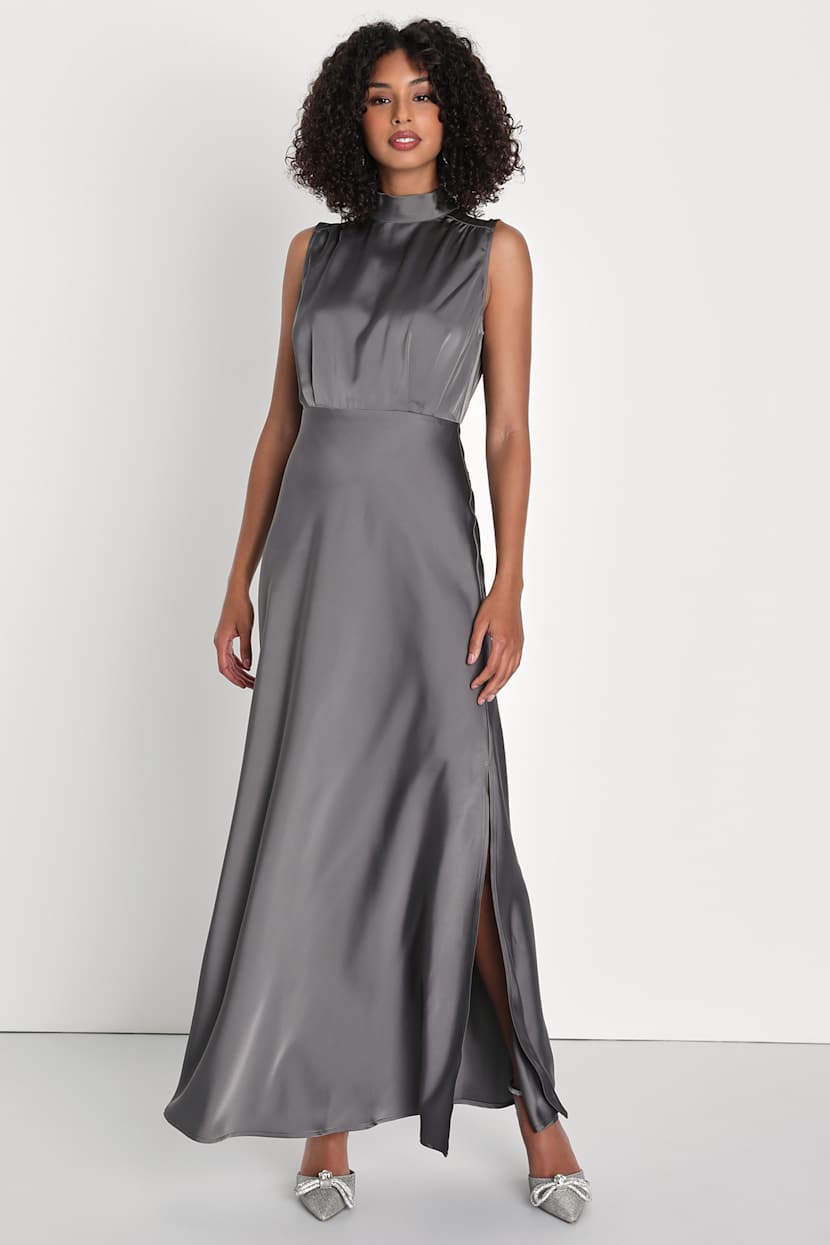 Classic Elegance Dark Grey Satin Sleeveless Mock Neck Maxi Dress Classic Elegance Dark Grey Satin Sleeveless Mock Neck Maxi Dress