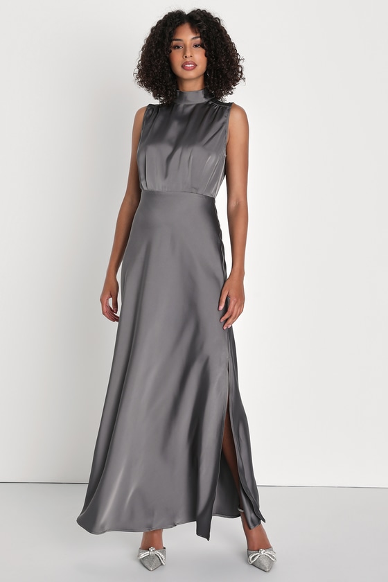 Dark Grey Satin Dress - Mock Neck Maxi Dress - Sleeveless Dress - Lulus