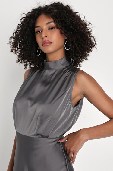 Classic Elegance Dark Grey Satin Sleeveless Mock Neck Maxi Dress