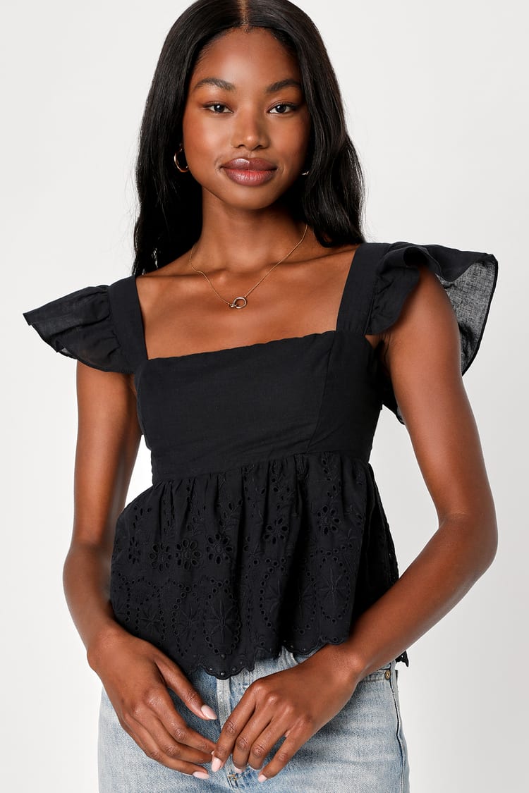 Always Your Baby Black Ruffled Eyelet Babydoll Top