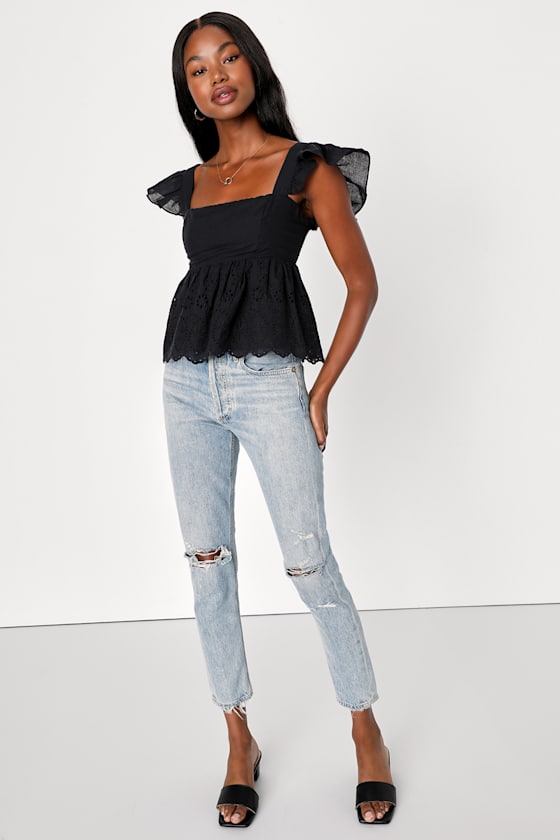 Black Eyelet Top - Ruffled Babydoll Top - Sleeveless Cotton Top