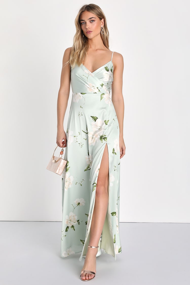 Light Green Floral Dress - A-Line Maxi Dress - Satin A-line Dress