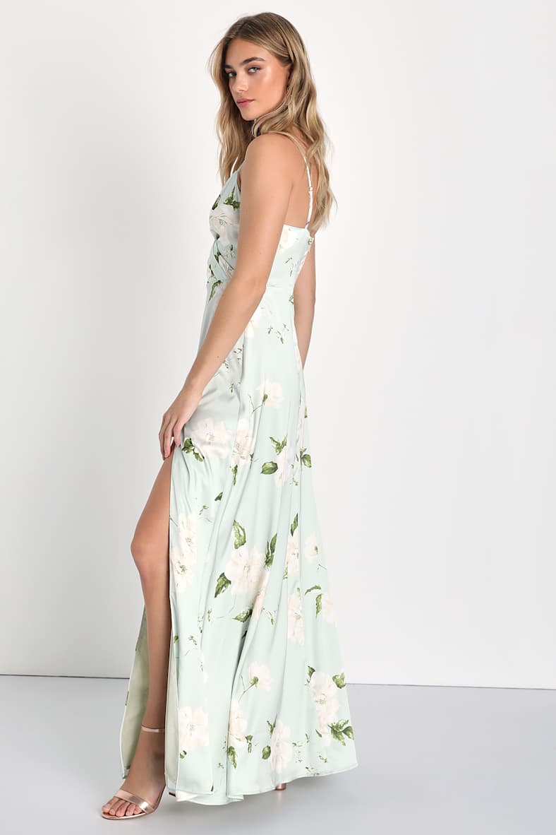 Radiant Occasion Light Green Floral Satin A-Line Maxi Dress