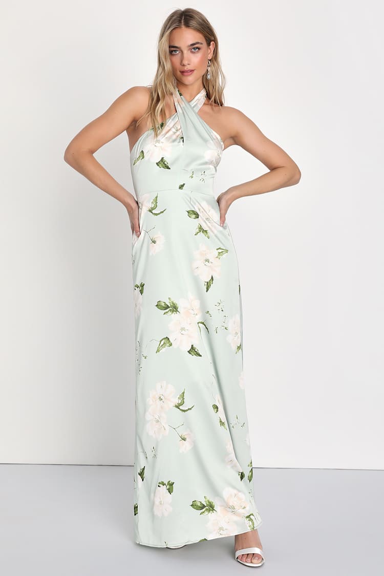 Green Floral Dress - Satin Floral Dress - Floral Bridesmaid Dress