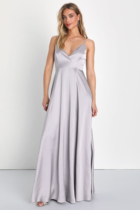 Gorgeous Silver Dress - Surplice Gown - Satin Maxi Dress - Lulus
