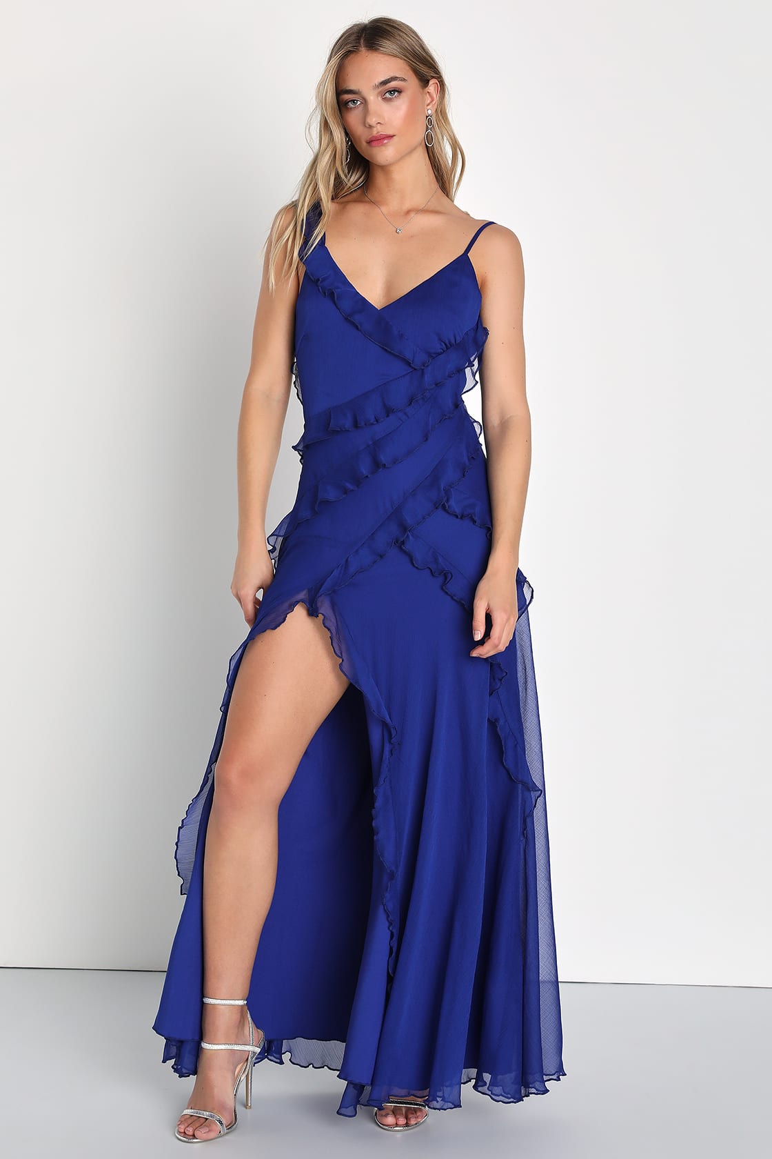 Tier Desire Cobalt Blue Tiered Ruffled Lace-Up Maxi Dress