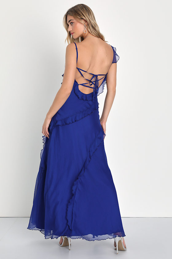 long blue formal dress Mermaid One Shoulder Royal Prom with Criss Cross Back Size:XL-2XL feature_Low V-Neck Queendancer Women White and