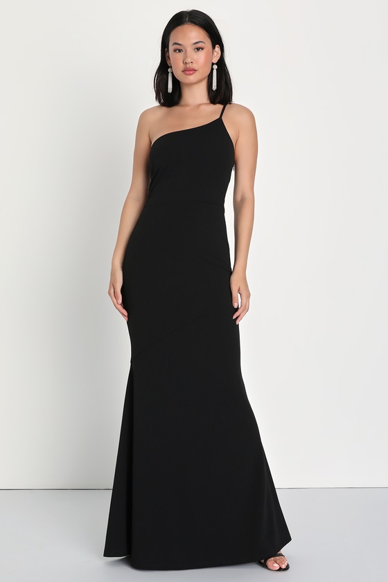 Terani Straight Neck Line Cascading Peplum Long Dress in Black | Lyst