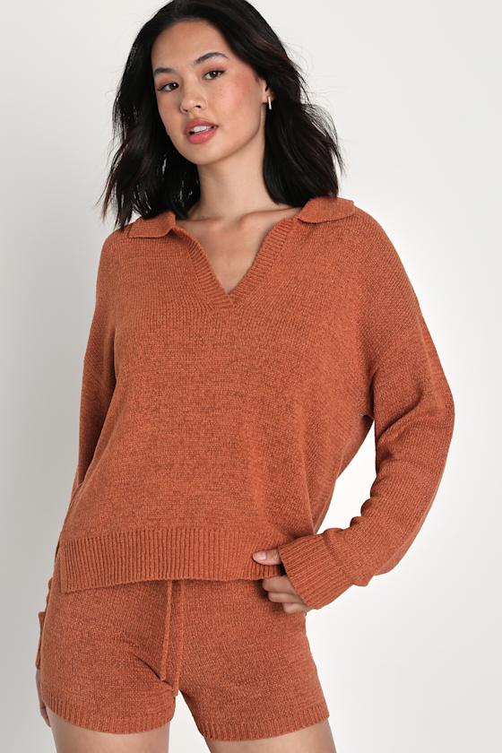 Rust Brown Sweater Collared Sweater Top Tape Yarn Sweater Lulus