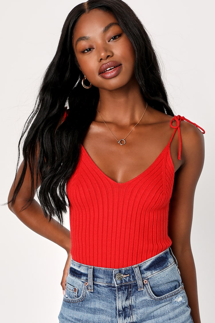 Red Ribbed Knit Cami Top - Tie-Strap Top - Sweater Cami Top - Lulus