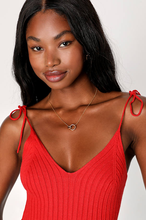 Red Ribbed Knit Cami Top - Tie-Strap Top - Sweater Cami Top - Lulus