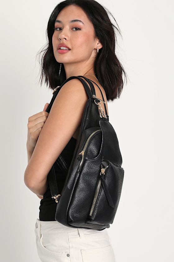 Chic Energy Black Pebbled Leather Convertible Sling Backpack 1