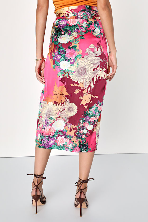 Pink Floral Print Skirt - Satin Wrap Skirt - Floral Midi