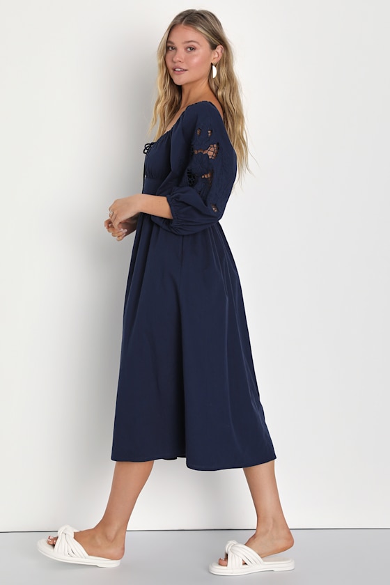Navy Embroidered Dress - Balloon Sleeve Midi Dress - Cute Dress