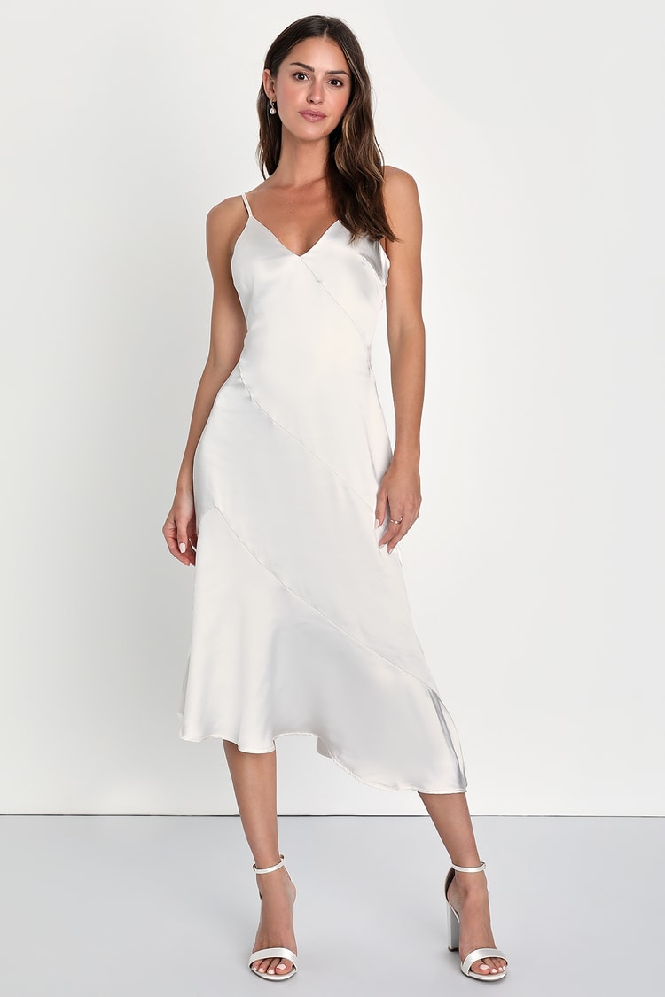 Elegant Instinct Ivory Asymmetrical Bias-Cut Slip Midi Dress