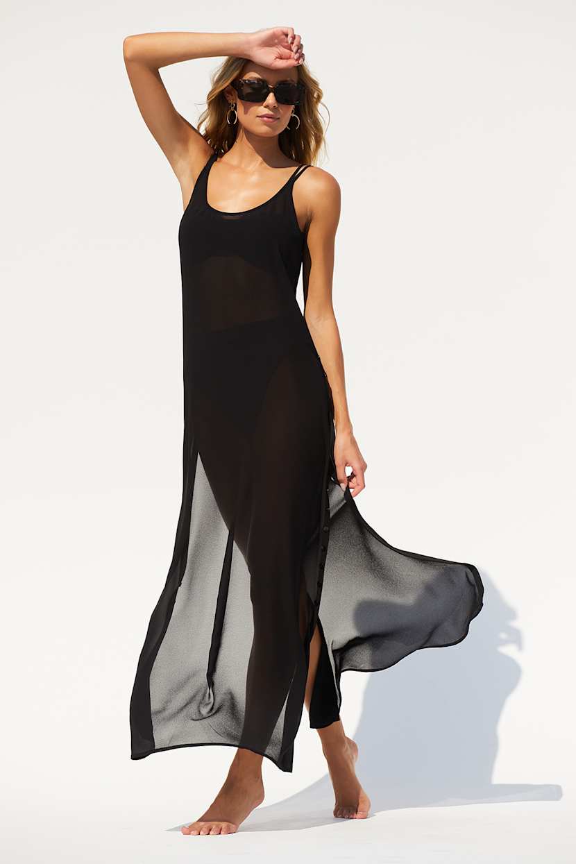 black sheer cover up for evening dress Sheer Mesh Maxi Cover-Up | Off-Shoulder Ruched Waist main image 1