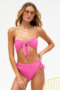 Time To Tan Hot Pink Tie-Front Bandeau Bikini Top