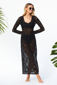 Sunny Sands Black Lace Long Sleeve Swim Cover-Up