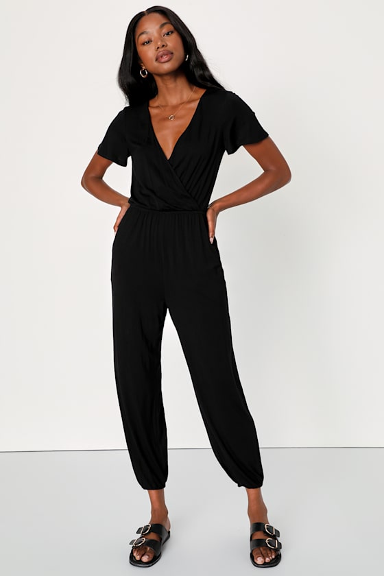 Black Jumpsuit Jogger Jumpsuit Jersey Knit Jumpsuit Lulus