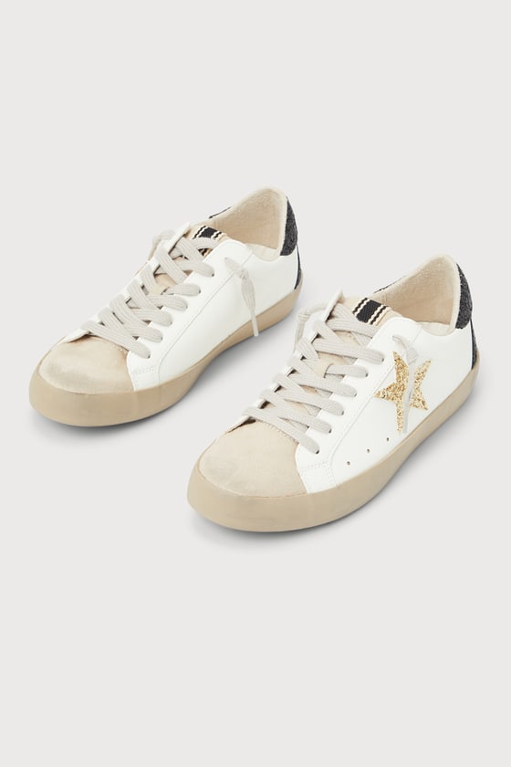 Shu Shop Pamela White Glitter Lace-up Distressed Sneakers