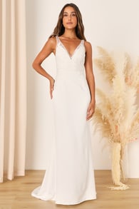 Precious Promise White Satin Embroidered Lace Mermaid Maxi Dress
