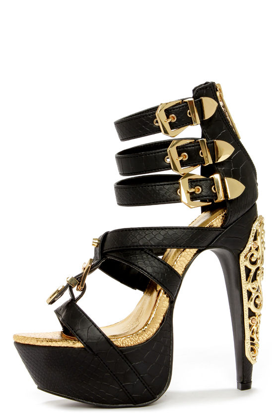 black and gold platform heels