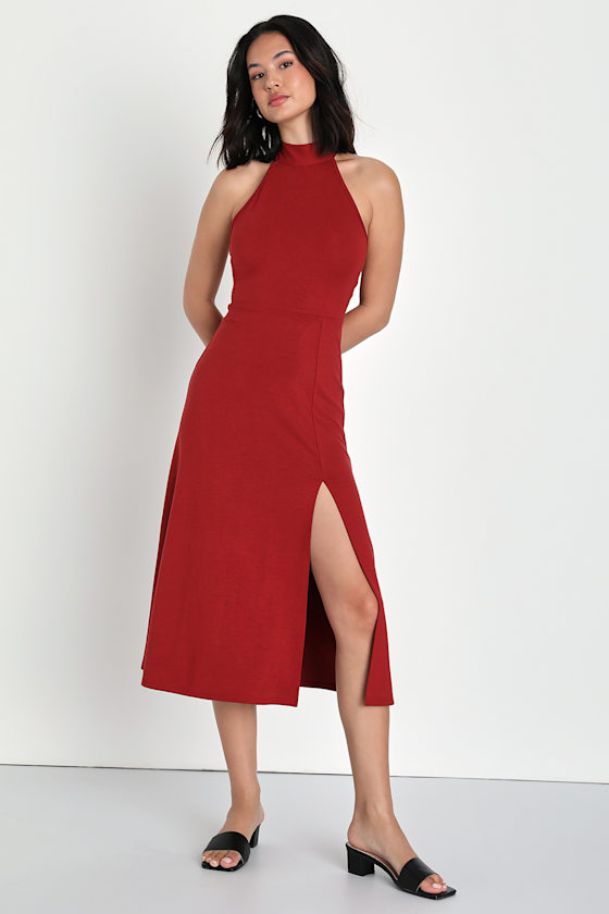Rust Red Halter Dress Red Midi Dress Cute Casual Dress Lulus
