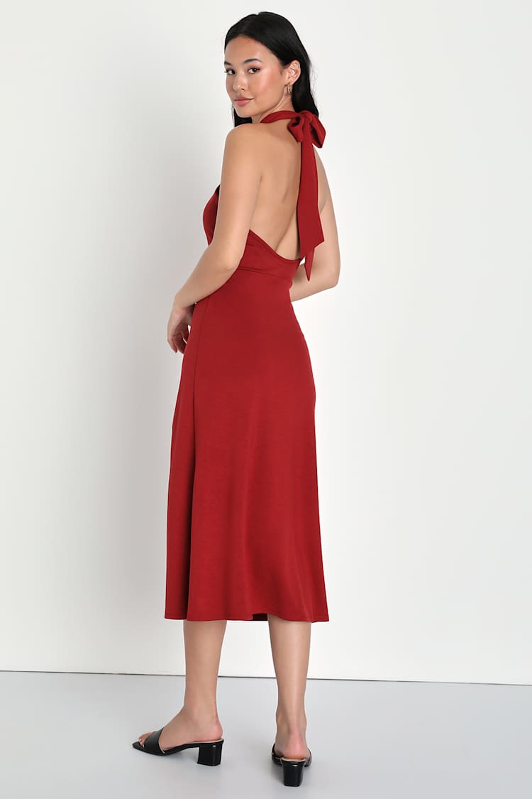 open lace back dress Red Halter Low Back Ruched Midi Dress – PinkBlush main image 0