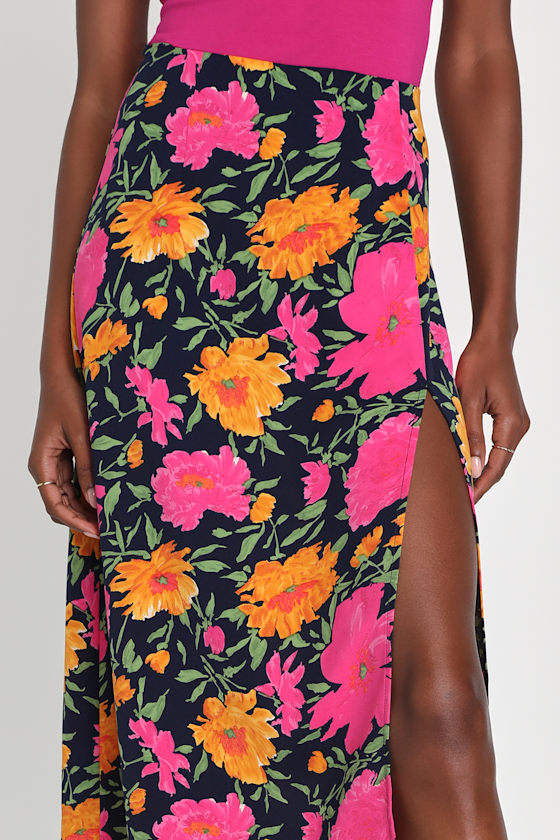 Navy Blue Floral Skirt - Blue Midi Skirt - High-Rise Floral Skirt