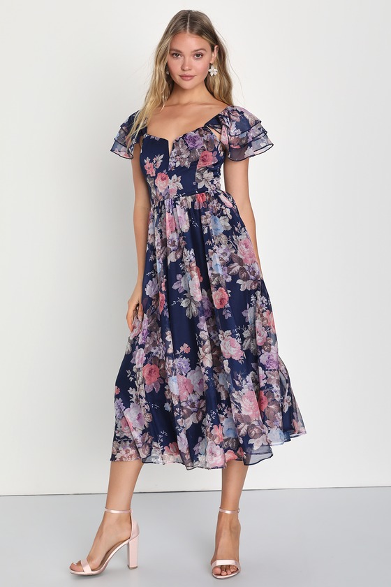 Navy Blue Midi Dress - Floral Print Midi Dress - Ruffled Dress - Lulus