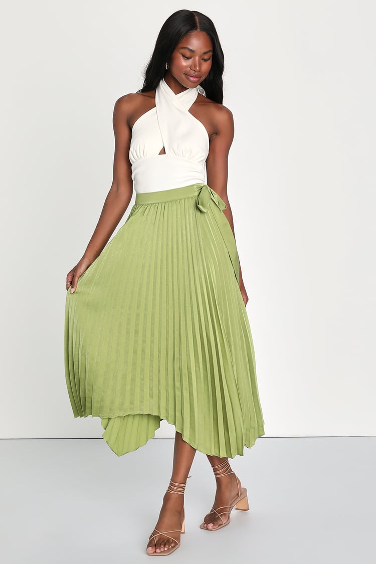 Springtime Sensation Green Pleated Satin Wrap Midi Skirt