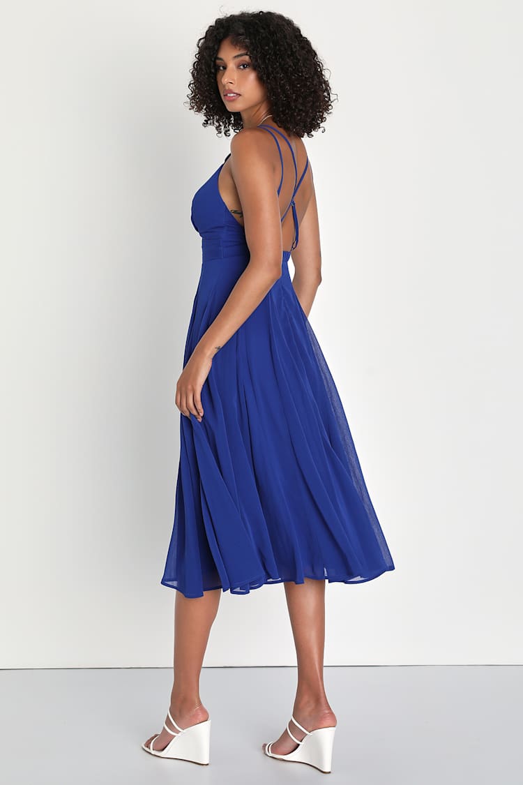 Cobalt Blue Chiffon Dress - Backless Midi Dress - A-Line Dress