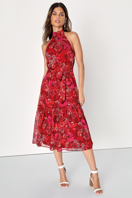 Lulus Standout Aesthetic Red Floral Lurex Halter Tiered Midi Dress