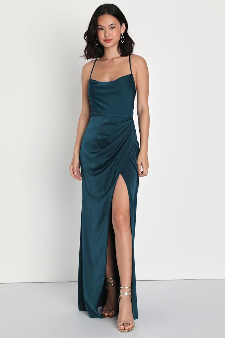 Moments of Beauty Dark Teal Satin Cowl Neck Tulip Maxi Dress