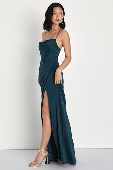 Moments of Beauty Dark Teal Satin Cowl Neck Tulip Maxi Dress