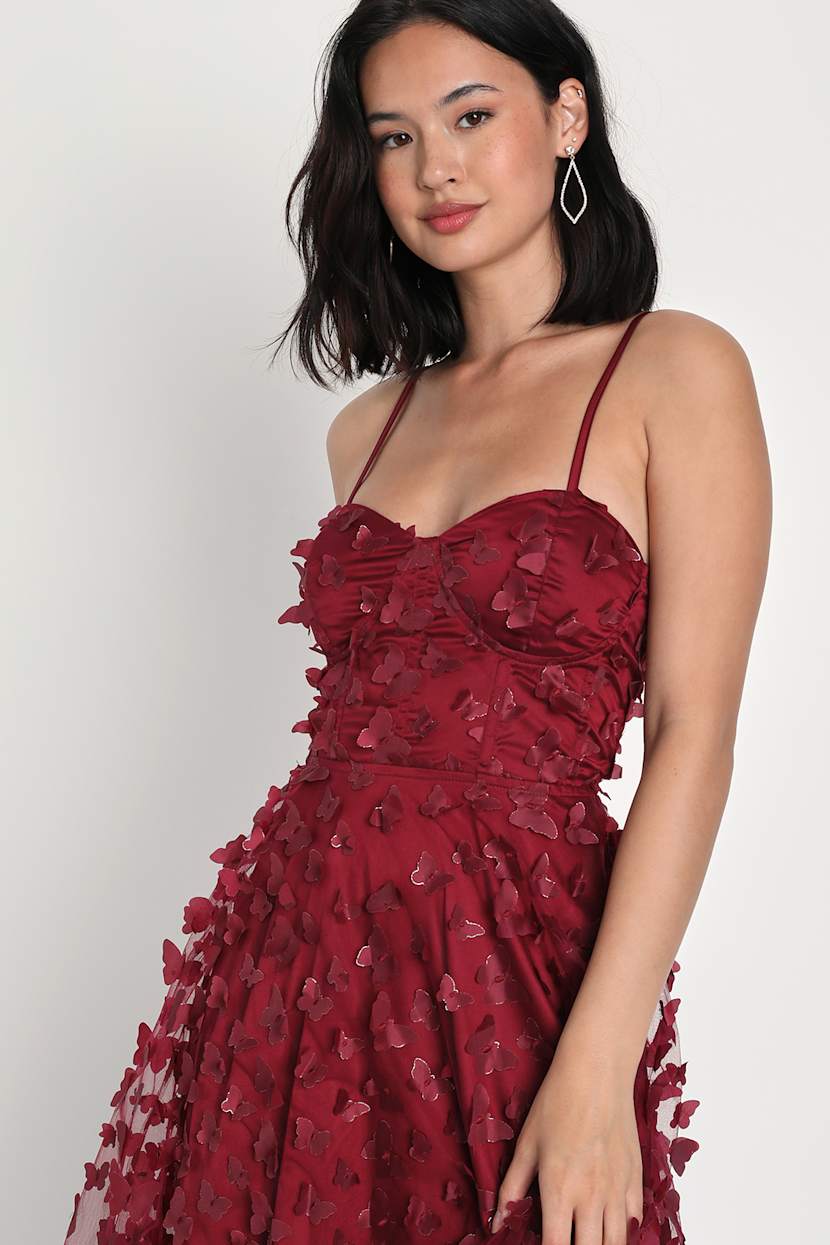 burgundy fly dresses Ever-Pretty V-Neck Ruffle Midi Summer Formal Wedding Guest Dress with Flutter Sleeves