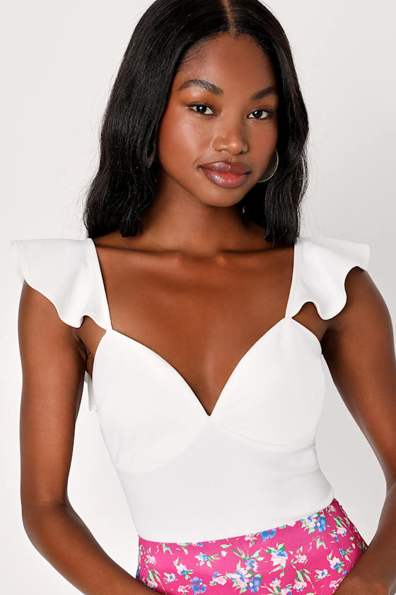 Cute White Bodysuit Ruffle Strap Bodysuit TieBack Bodysuit Lulus