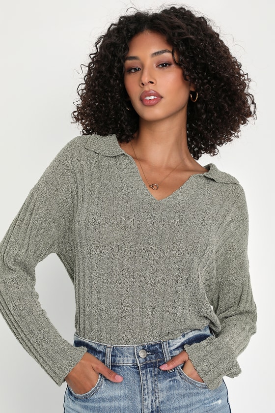 Olive Green Sweater - Ribbed Pullover Sweater - Collared Sweater - Lulus