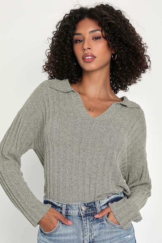 Olive Green Sweater Ribbed Pullover Sweater Collared Sweater Lulus