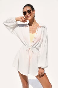 Oasis Awaits White Ribbed Button-Up Mini Swim Cover-Up