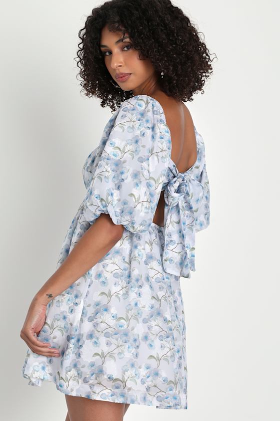 Blue Floral Babydoll Dress - Puff Sleeve Mini -Tie-Back Dress - Lulus