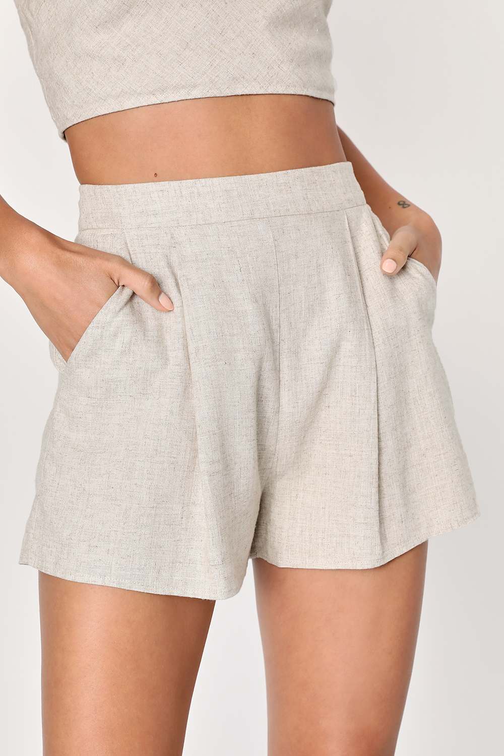 Perfectly Posted Beige Linen High-Waisted Shorts